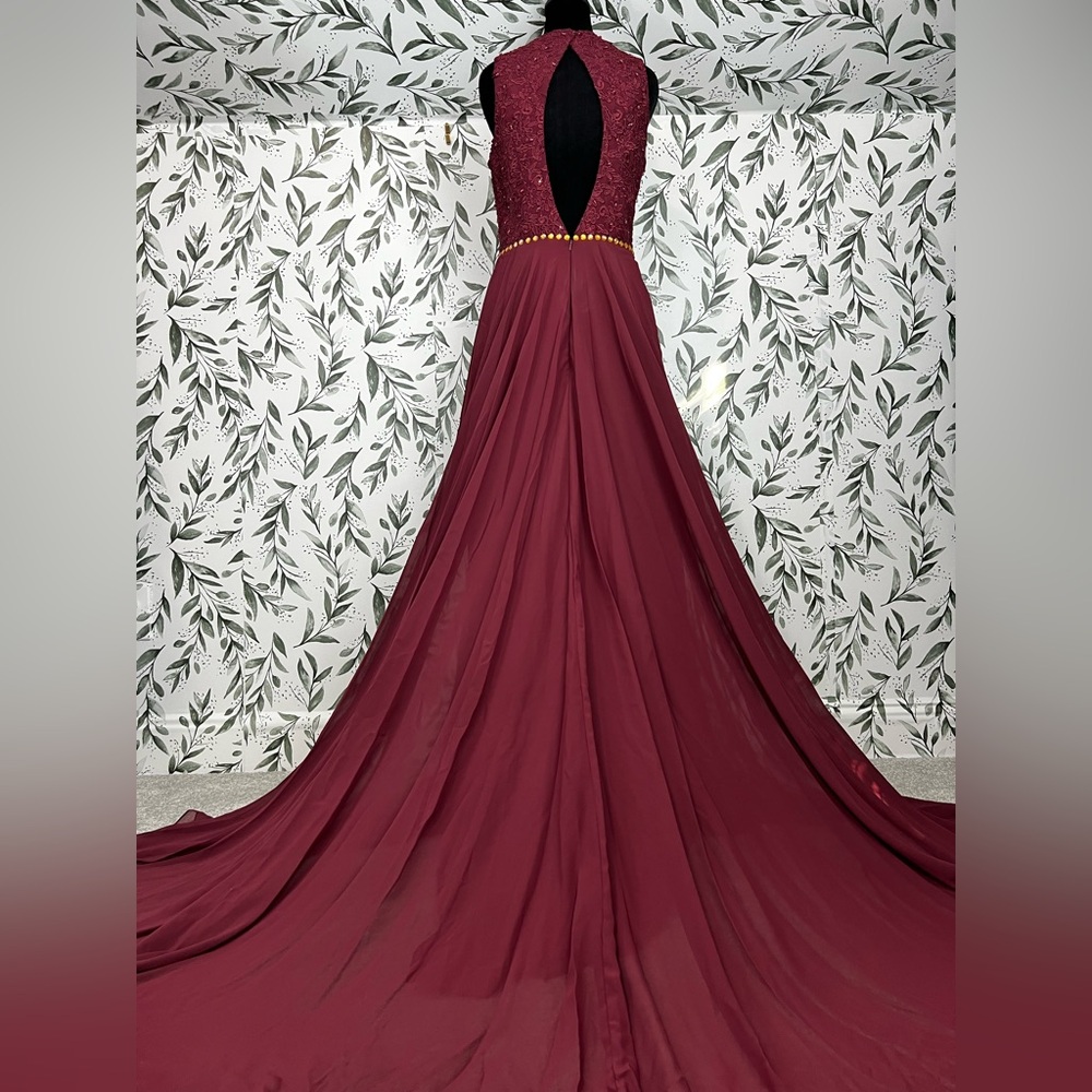 Burgundy Lace Bodice Evening Gown Flowing Chiffon Skirt Prom Cocktail Sz M NWT D - Picture 10 of 13